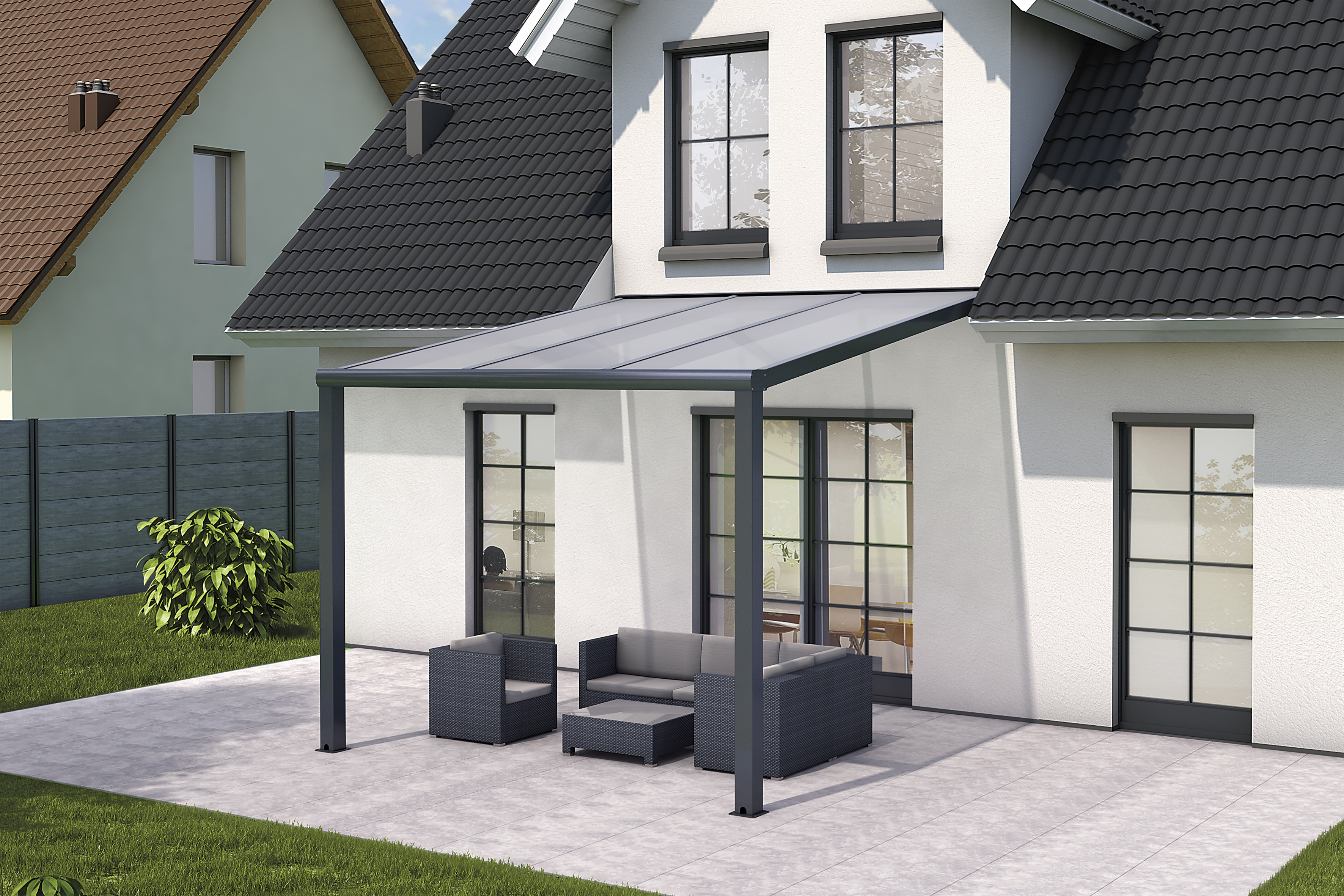 Gutta Terrassendach Pro | Dachtiefe 300 cm | Polycarbonat weiß gestreift |  3094 mm | anthrazit | 4299012