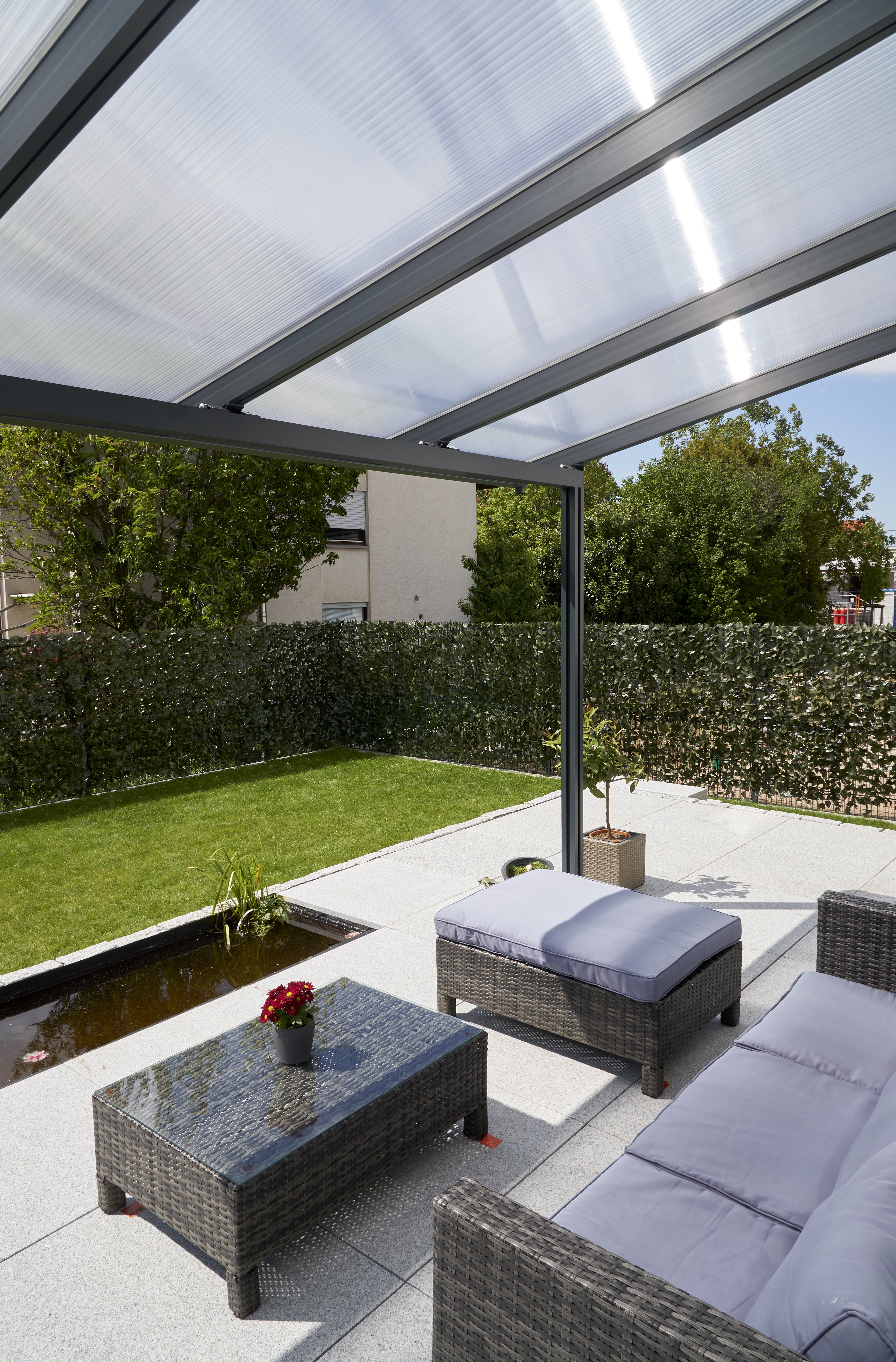 Gutta Premium Terrassendach | Dachtiefe 506 cm | 7120 mm | Acryl Klima Blue  | weiß | 4295674